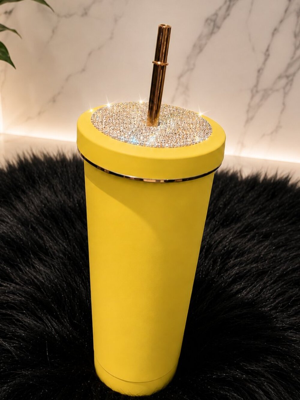 Yellow Rhinestone Bling Tumbler Cup with Gold Straw | 500ml